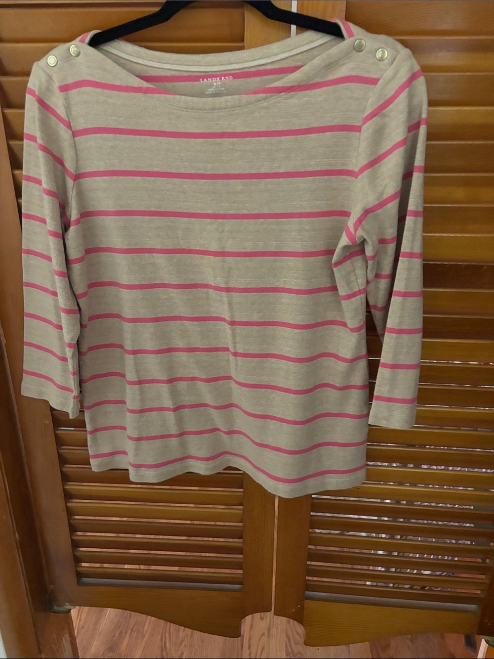 Lands' End Beige Top with Pink Stripes and Button-Shoulder Detail